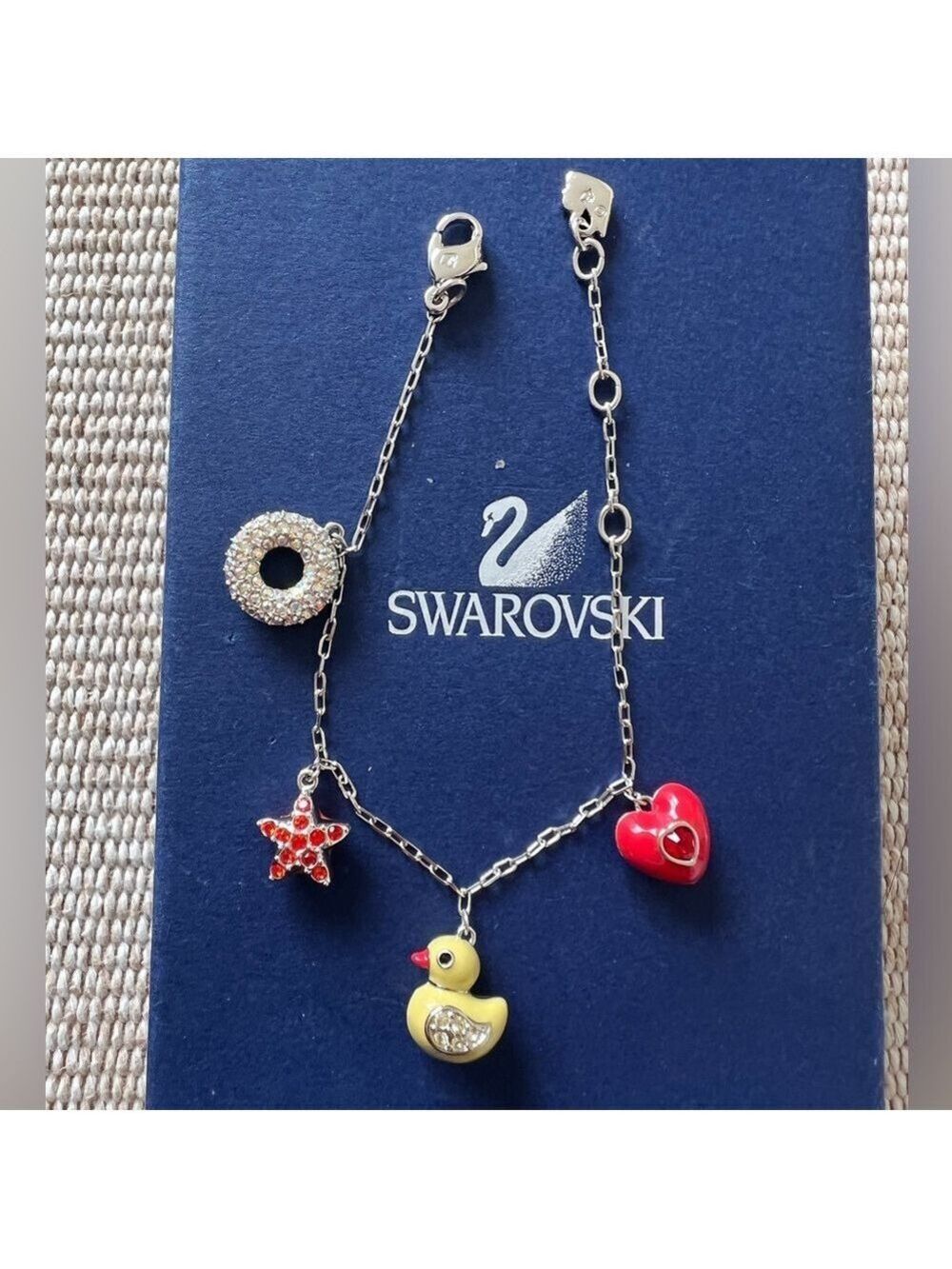 Swarovski Multi Charm Bracelet w Rubber Duck Heart Star Beach Crystals RARE
